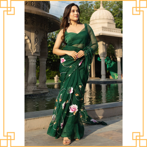 Saree imprimé fleuri en Georgette douce de style Bollywood indien et pakistanais de qualité supérieure pour les vêtements de fête pour femmes à vendre - Product Image 4
