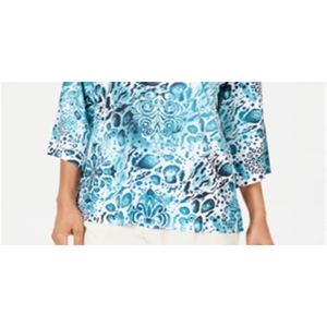 JM Collection Top casual da donna con collo diviso, stampa leopardata verde, taglia Petite S/M - Product Image 3