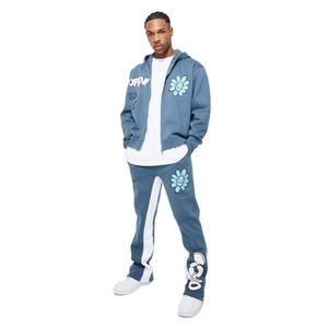 For 100% Cotton Fleece Winter Tracksuit Set <b>Men's</b> <b>Flared</b> Pant Zip Hooded 2-Piece Breathable Quick Dry Plus Size Lightweight - Product Image 1