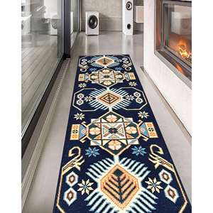 Navy Printed Rug with Vintage Turkish Design and Geometric Pattern,Velvet Rug - Product Image 2