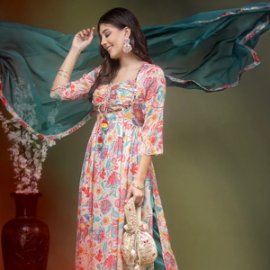 งานปักจิ๋วคุณภาพดีเยี่ยมงานกระจกพิมพ์ลายดอกไม้ Anarkali Kurti สําหรับผู้หญิงจากผู้ผลิตชาวอินเดียในราคาที่ดีที่สุดจํานวนมาก - Product Image 1