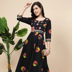 High Quality Soft Cotton Women Black Color A-line Elegant <b>Three</b> Quarter Sleeve Embroidered Solid Summer Kurta Wholesale Price - Product Image 1