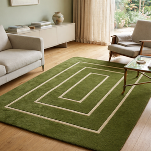 Hand <b>Tufted</b> Abstract Wool/Silk Rug-Modern Green Ivory Border Design-Living Room Bedroom Office-Soft Plush Pile Durable Anti-Slip - Product Image 4