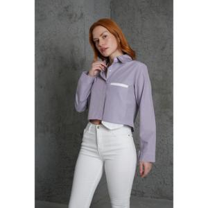 เสื้อเชิ้ตแขนยาวลายทางสีม่วงสำหรับผู้หญิง ยี่ห้อ Lustrin ผลิตจากผ้าฝ้ายผสมโพลีเอสเตอร์ มีกระเป๋า เหมาะสำหรับธุรกิจขายส่ง - Product Image 5