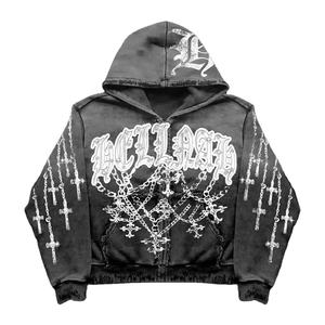 Sudadera con capucha y cremallera para hombre, personalizable, de algodón 100% de alto gramaje, con lavado ácido, efecto desgastado, bordado, serigrafía y adornos de pedrería - Product Image 3