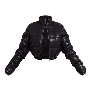 Black PU Leather Crop Puffer <b>Jacket</b> With Zipper Closure Full Sleeve Moto Style Winter Outerwear - Product Image 5