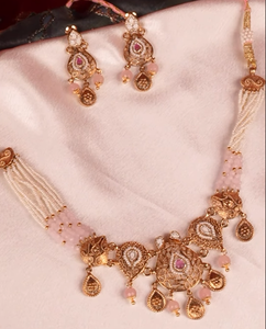 Traditional kundan <b>pearl</b> beaded <b>necklace</b> set with blush pink stones <b>gold</b> tone ethnic bridal jewelry for weddings - Product Image 1