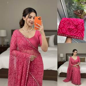 Sari en georgette pur très tendance avec imprimé bandhani sur toute la surface, sari en georgette bandhani avec un design de dentelle complexe - Product Image 4