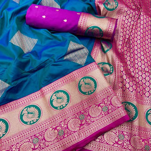 Hermoso diseñador Banarasi Sari de seda con blusa de seda Hermosos saris de seda suave para bodas y atuendo de fiesta. - Product Image 1