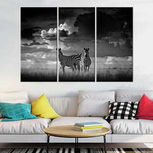 ภาพพิมพ์ศิลปะบนผ้าใบลายม้าลายสุดหรู ตกแต่งสไตล์ซาฟารีแอฟริกันสีดำและสีขาว 3P: ห่อหุ้มอย่างดี - Product Image 1