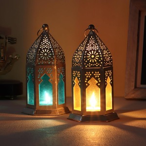 Lantern Tealight Candle Holder Colorful Glass Antique Lamp Home Decor Golden <b>Moroccan</b> Style Free Standing Ethical T <b>Light</b> Holder - Product Image 4