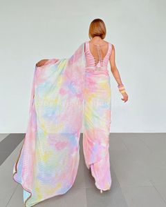 Venta caliente Diseñador de lujo Georgette Saree Impresión digital con bordado de lentejuelas Trabajo para mujeres Boda india y desgaste de fiesta - Product Image 2