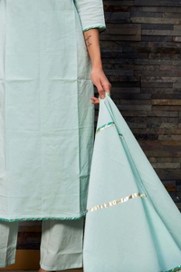 Celeste Blue Pure Cotton Straight <b>Kurta</b> with Trousers & Dupatta Casual Style Natural Waistline Thread Work & Hollow - Product Image 4