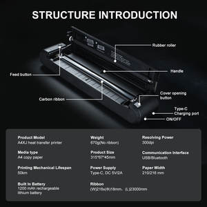 Mini impresora térmica <span class=keywords><strong>de</strong></span> <span class=keywords><strong>recibos</strong></span> A4 portátil <span class=keywords><strong>de</strong></span> 8 pulgadas con batería <span class=keywords><strong>de</strong></span> 1200mAh USB-Tipo-C + para resolución <span class=keywords><strong>de</strong></span> 304DPI para uso en el trabajo doméstico - Product Image 5