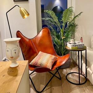 Handmade Tan Leather Butterfly Chair for Outdoor Living Room Hand-Stitched Side Application - Product Image 1