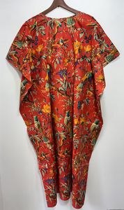 Vêtements de nuit d'été en coton Kaftan imprimé d'oiseaux floraux Longueur du sol Robes décontractées Couverture de plage bohème Vêtements de nuit naturels - Product Image 5