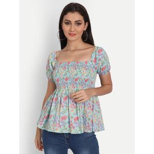 Blusa de Algodón con Estampado Floral Azul Claro, Cuello con Volantes, Manga Media, Estilo Occidental Formal, Viscosa Rayón, Talla XL, Corta, para Primavera y Otoño - Product Image 2