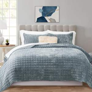 Ensemble de couette en velours de luxe en lin <span class=keywords><strong>bleu</strong></span> King Size, ensemble de couette en velours léger, ensemble de literie matelassée couvre-lit surdimensionné - Product Image 1