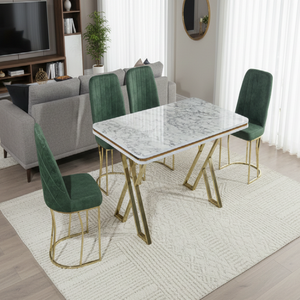 Ensemble de table à manger avec plateau en verre trempé, moderne, extensible, 6 chaises, pieds en métal, construction en aggloméré, meubles de maison durables - Product Image 1