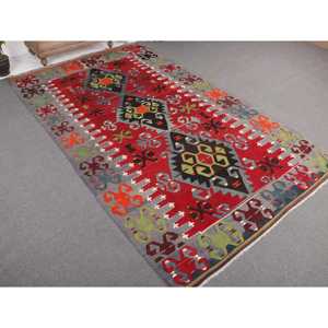 พรมตุรกี ขนาด 6x10.2 ฟุต พรมขนาดใหญ่ สีแดงเขียว พรมขนสัตว์คิลิม - Product Image 1