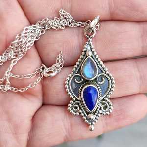 Collier en labradorite et lapis-lazuli, argent sterling 925, bijoux faits à la main avec perle, cadeau unique pour elle, anniversaire - Product Image 5