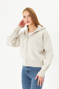 Manteau court décontracté pour femmes tricot à glissière en acier tricot manteau quotidien confortable avec col à capuche haut élégant confort assaisonné - Product Image 4