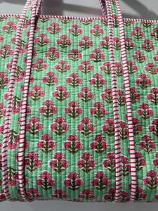 Handmade Cotton Eco-Friendly Everyday Tote <b>Bag</b> Green for Pink Block Print <b>Quilted</b> Travel Shopper Zipper Closure Fashion Style - Product Image 5