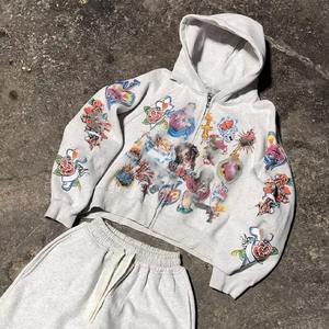 ชุดเซ็ตเสื้อฮู้ดดี้พิมพ์ลายพัฟฟ์หนานุ่มแบบมีซิปและกางเกงวินเทจทรงขาบาน สตรีทแวร์ แทรคสูท ยูนิเซ็กส์ ขายส่ง รับผลิตแบบ OEM - Product Image 6