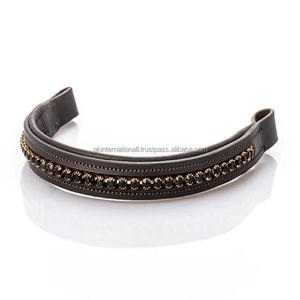 Straight Havana Brow Band Empty Channel Handmade Padded <b>Bridle</b> Brow Band Inlaid Black Crystals Rhinestone Bling Brow Band - Product Image 2