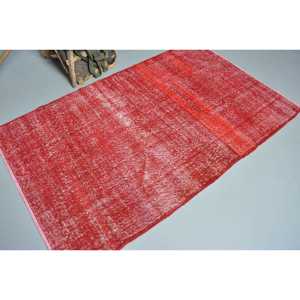 Turkish Area Rug 4x6.4 ft, <b>Red</b> Floral Vintage <b>Wool</b> Rug - Product Image 2