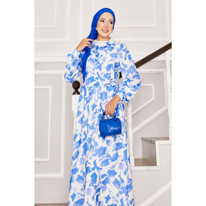 Camisa de Vestir Azul con Estampado Floral, Cuello con Lazo Lateral, Estilo Boho Casual para Damas, Tallas XS-XL, Alta Calidad, Transpirable, Estilo Paisley, con Borlas, Ligera - Product Image 2
