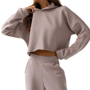 Tops cortos de cintura alta para mujer, sudaderas con capucha, pantalones de chándal con cordón de manga larga, ropa deportiva bonita, conjunto de 2 piezas de Punto ligero - Product Image 2