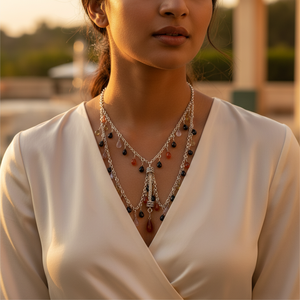 Collar de cascada con cuentas plateadas y piedras preciosas de cristal para mujer - Product Image 2