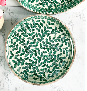 Round Mother of Pearl Inlaid Tray Handcrafted Durable Wood Rattan Tray <b>for</b> Home <b>Decor</b> and Wedding Entertaining - Product Image 1