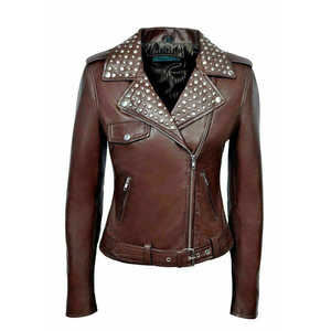 Veste en cuir véritable pour femmes en gros avec strass, design de haute qualité, veste en cuir marron de qualité supérieure pour femmes - Product Image 1