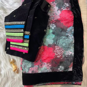 Elegante alta calidad suave Organza seda Sari hermoso estilo paquistaní impresión Digital encaje borde para bodas fiestas otros - Product Image 1