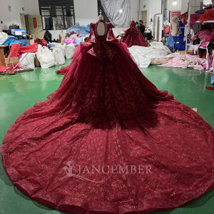 فستان سهرة جانسمبر XS257 باللون الأحمر النبيذي مزين بالخرز الثقيل بأكمام طويلة لحفلات الزفاف والاحتفالات الملكية - Product Image 5