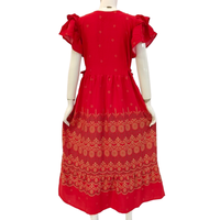 Vestido Midi Casual para Mujer, Cuello en V, Manga con Volantes, Detalle de Botones de Encaje, Cintura Elástica, Limpieza en Seco, Silueta en A Simple