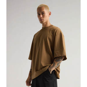 Camiseta de calle de algodón pesado preencogido de Color Natural transpirable Camiseta sólida con cuello redondo y camiseta de manga corta - Product Image 4