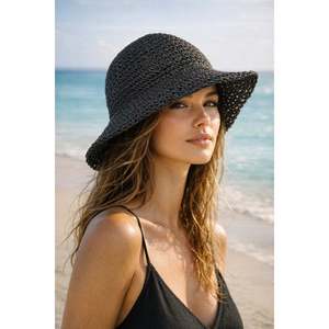 Black Imported Hand-Woven Straw <b>Hat</b> Hsr2083 - BLACK - Product Image 5