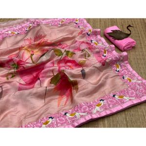 Bonne qualité pur Malai Organza Saree avec chemisier vêtements ethniques pour les mariages numérique imprimé broderie travail taux de gros - Product Image 1