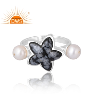 Latest Selling 925 Sterling Silver Natural Snowflake Obsidian & <b>Pearl</b> Gemstone <b>Ring</b> Custom Jewelry For Women Gift For Her - Product Image 3