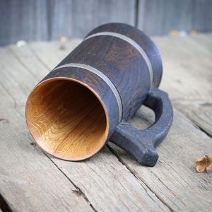 Jarra de cerveza de madera tallada artesanal, taza para beber rústica ecológica sostenible, café, té, animales, diseño único, acentos de Metal - Product Image 3