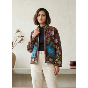 Blazer pour femme en velours et coton brodé à la main, motif floral lapin, col mandarin, manches longues, écologique, collection automne - Product Image 1