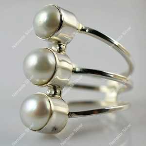 925 Sterling <b>Silver</b> Freshwater Triple Pearl <b>Ring</b> Handmade Boho June Birthstone Promise <b>Statement</b> Jewelry Unique Pearl <b>Ring</b> - Product Image 6
