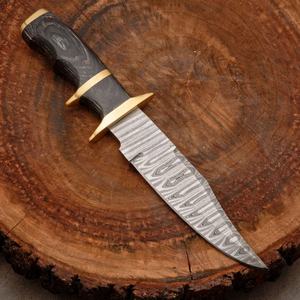 Couteau de chasse et de survie en plein air en acier Damas fait main, lame fixe pleine soie, manche en bois, gaine en cuir, personnalisable OEM Bowie - Product Image 2