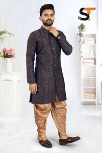 Maruti moda hombres Manyavar estilo nuevo diseño Indowester tela pesada Jacquard en relieve Kurta terciopelo Dhoti boda fiesta desgaste - Product Image 3