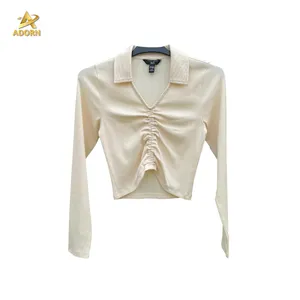 OEM Women Front Ruched V-neck Girls Long-sleeved Crop Tops Shirt For Women Fashion Sexy Open Collar T Shirt And Blouse
