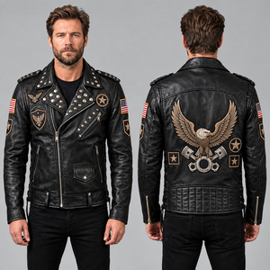 Veste de motard en cuir véritable noir pour homme |   Veste de moto personnalisée brodée |   Fabricant en gros - Product Image 1