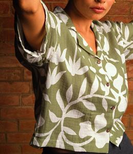 Blusa Corta de Lino para Mujer, Manga Corta, Botones, Estampado de Plantas, Cuello Camisero, Casual, Transpirable, Corte Holgado, Estilo Primavera-Verano - Product Image 3
